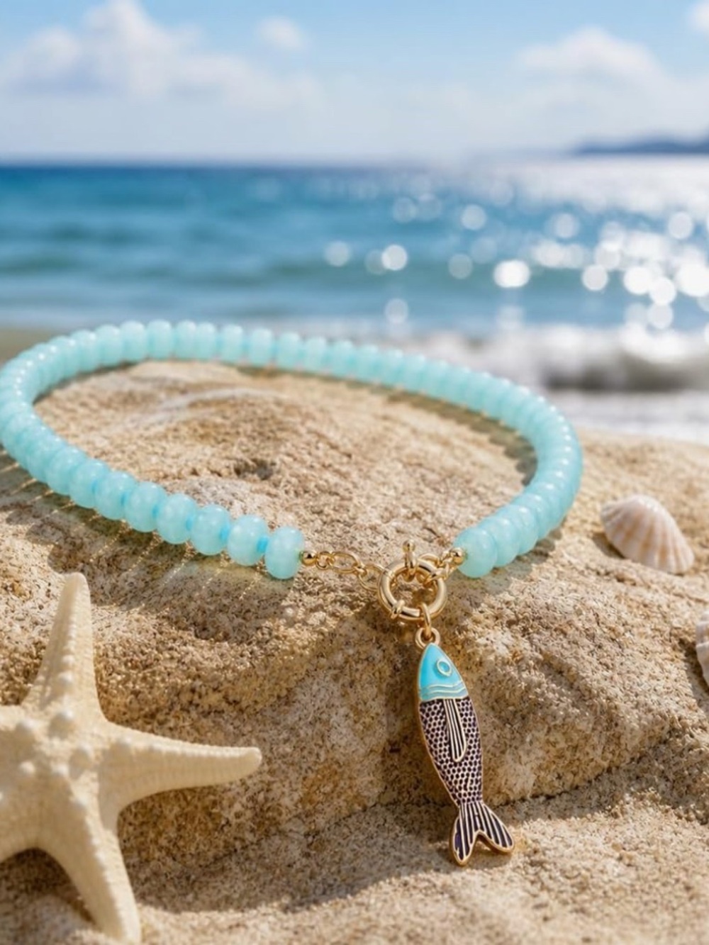 New! Coastal Blue Beaded Fish Charm Necklace